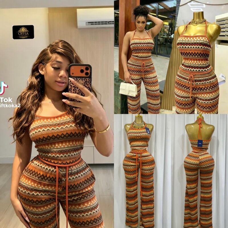 Sleeveless Aztec Print Knit Jumpsuit with Drawstring Waist & Open Back