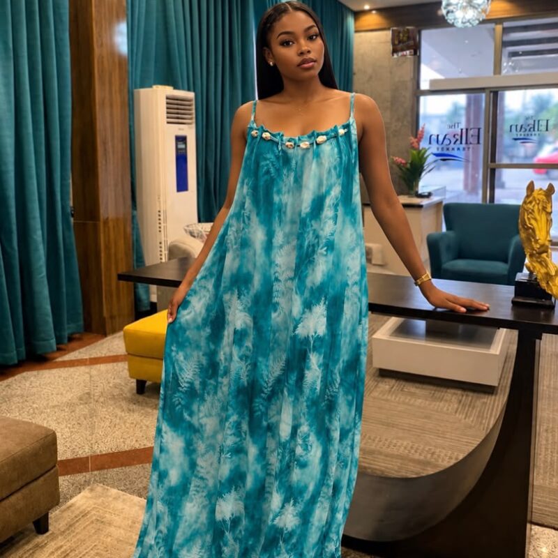 Sleeveless Strappy Tie-Dye Printed Flowy Beach Maxi Dress with Shell Embellishment