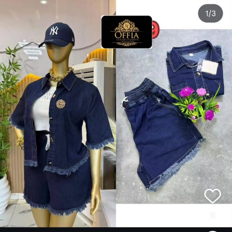Women’s 2-Piece Raw-Hem Denim Short Set – Short Sleeve Shirt & Shorts Co-Ord