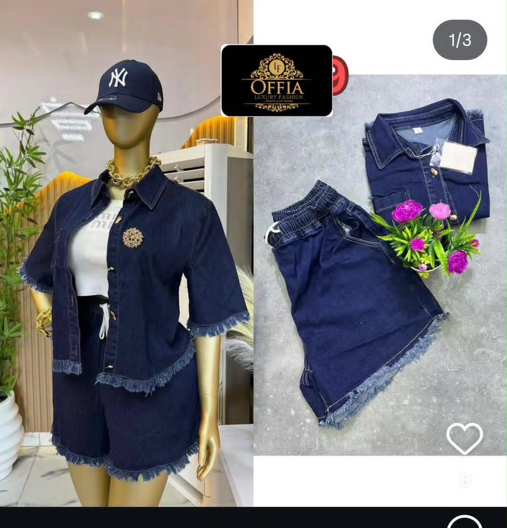 Women’s 2-Piece Raw-Hem Denim Short Set – Short Sleeve Shirt & Shorts Co-Ord