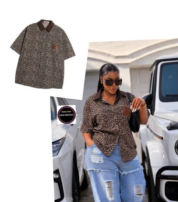 Unisex Leopard Print Short-Sleeve Designer Shirt with Contrast Collar