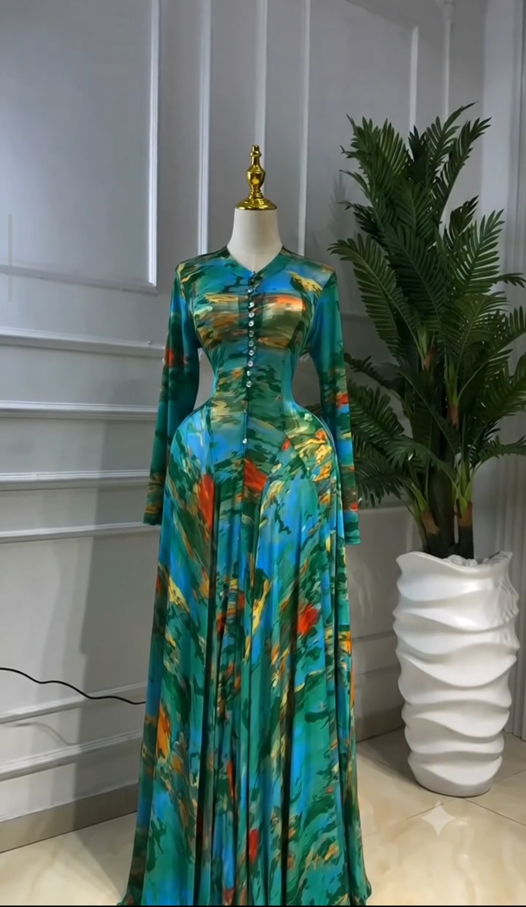 Classy Abstract Printed Fitted Long Dress with Front Buttons