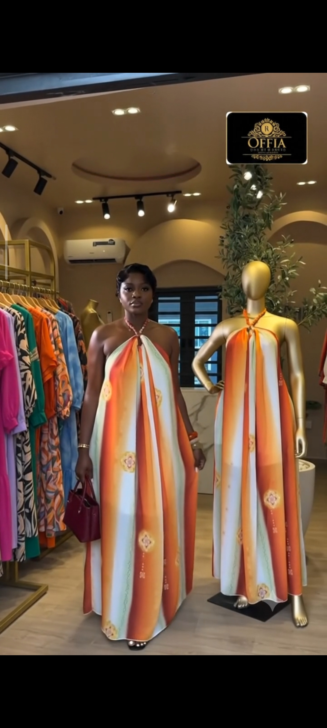 Elegance Open-Back Halter Neck Long Maxi Dress – Orange / Multi