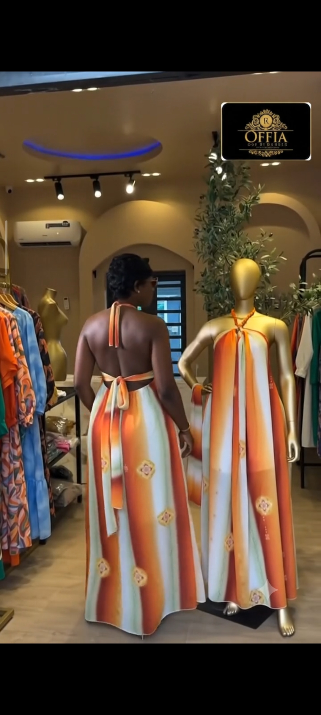 Elegance Open-Back Halter Neck Long Maxi Dress – Orange / Multi - Image 3